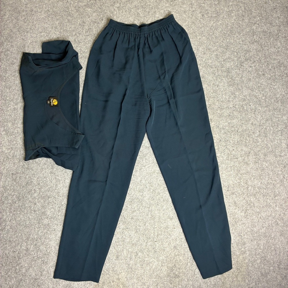 Anne Namba Vintage Blue 2 Piece Set Top and Elastic Waist Pants 100% Silk XS